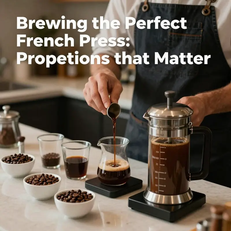 The essential tools for brewing French press coffee with optimal proportions.