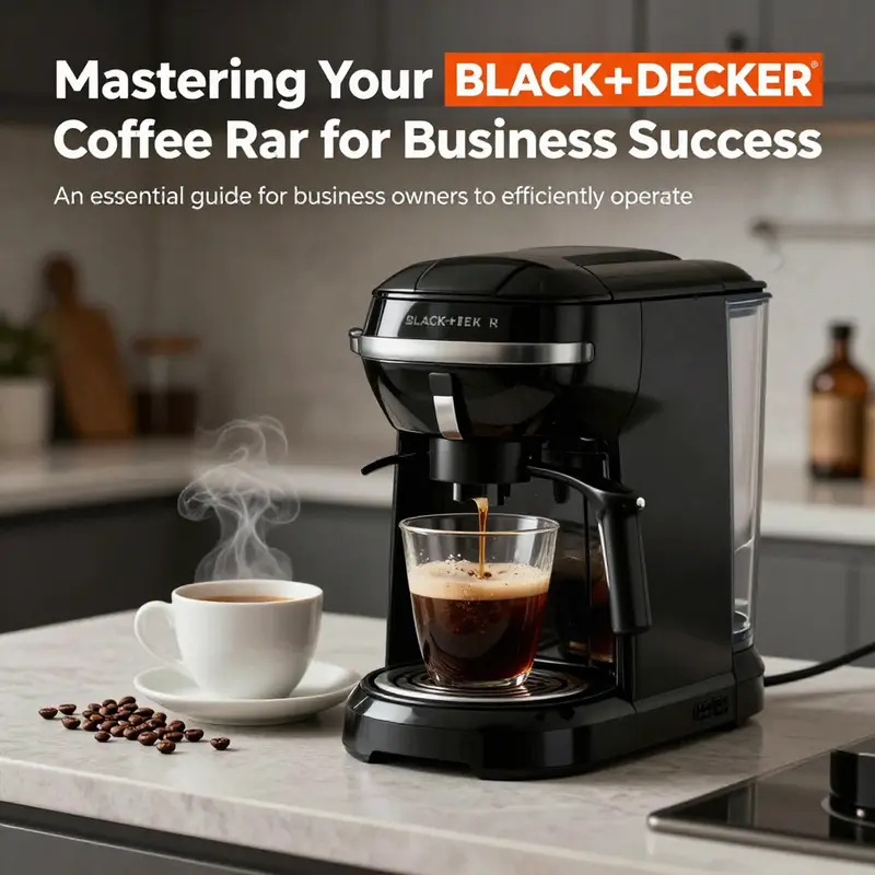 A BLACK+DECKER coffee maker beside a steaming cup of coffee and coffee beans on a counter.