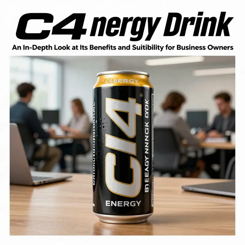 A can of C4 Energy Drink in a lively workspace, symbolizing its role in boosting productivity for business owners.