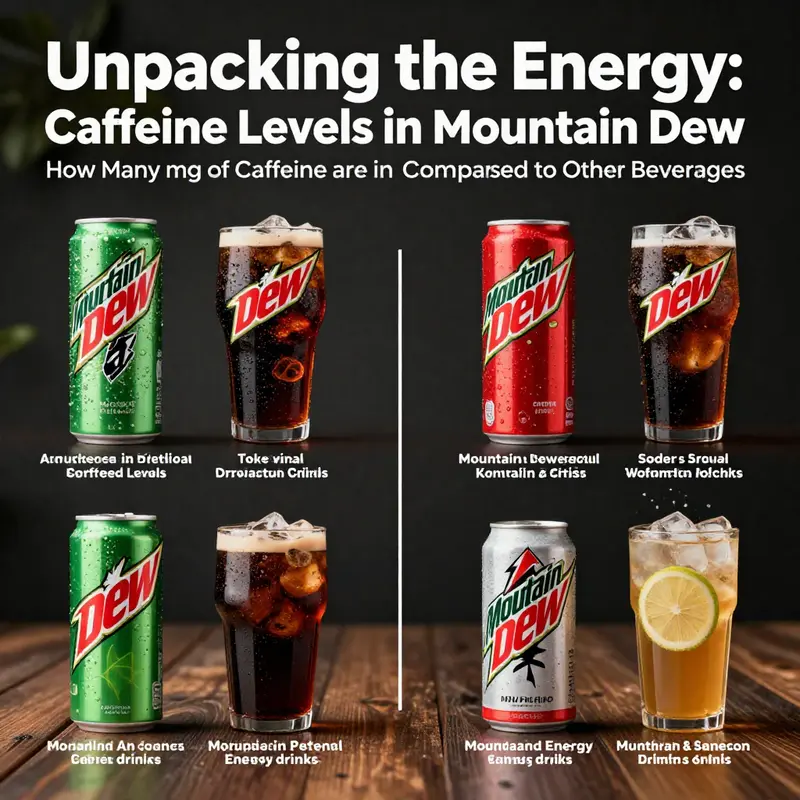 An assortment of Mountain Dew flavors and their caffeine content clearly displayed.