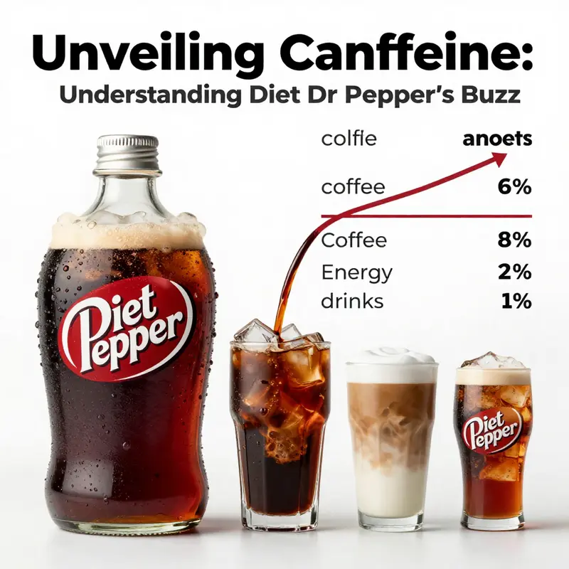 An infographic detailing the caffeine content in Diet Dr Pepper compared to various beverages.
