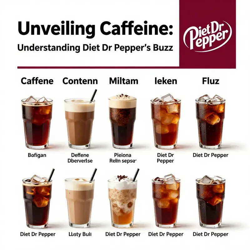 An infographic detailing the caffeine content in Diet Dr Pepper compared to various beverages.