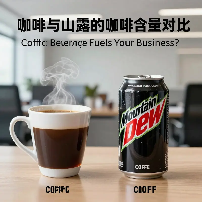 Visual comparison of caffeine content in coffee and Mountain Dew, highlighting their differences in a corporate setting.