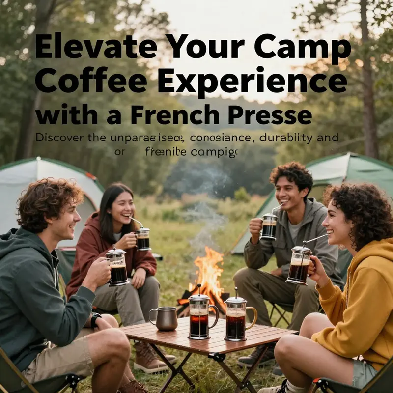 A group of campers happily enjoying French press coffee around a campfire, illustrating the joy of outdoor brewing.