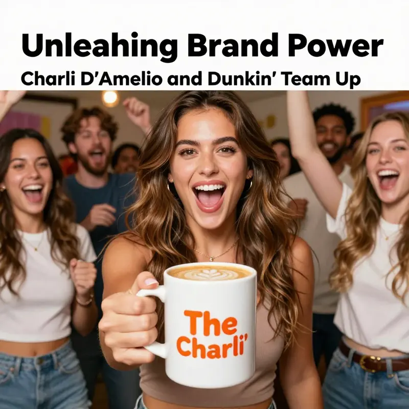 A joyful representation of Charli D'Amelio alongside Dunkin's 'The Charli' drink.