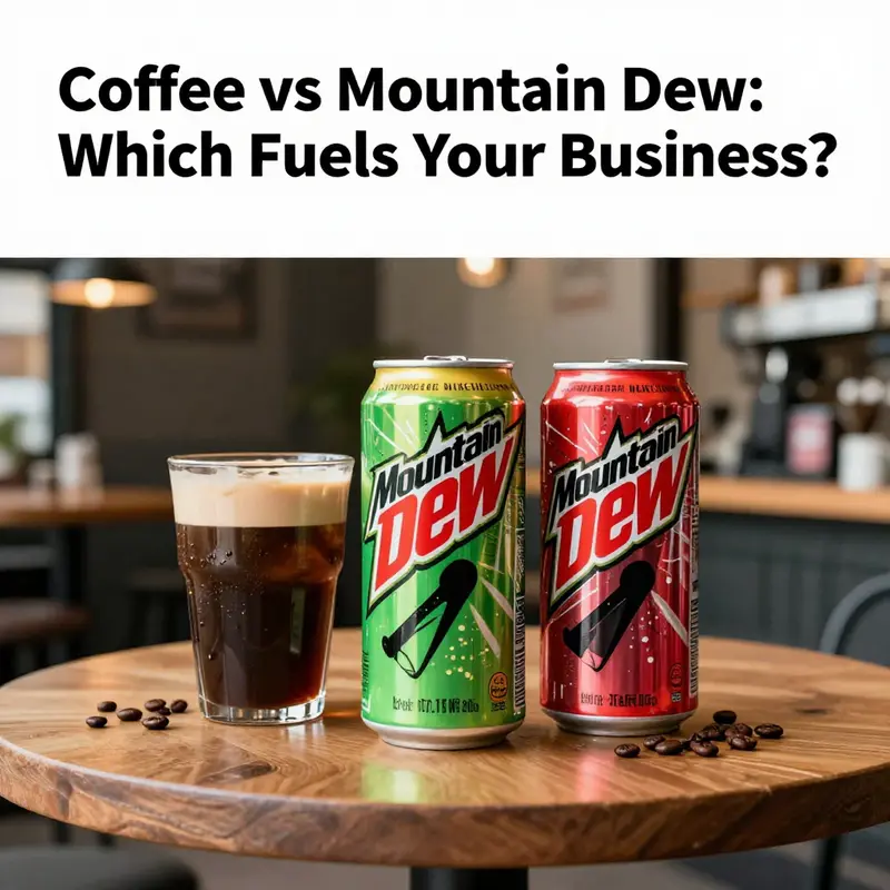 An artistic representation merging coffee culture with Mountain Dew, highlighting the spectrum of energy drinks in a lively urban scene.