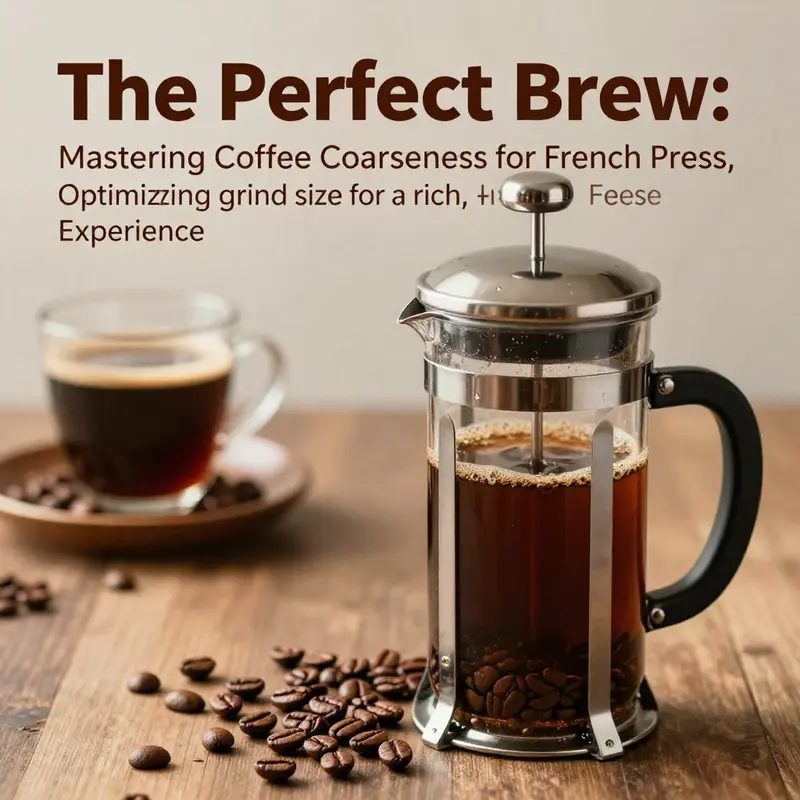 Warm and inviting image of a French press coffee setup, highlighting brewing equipment and coffee beans.