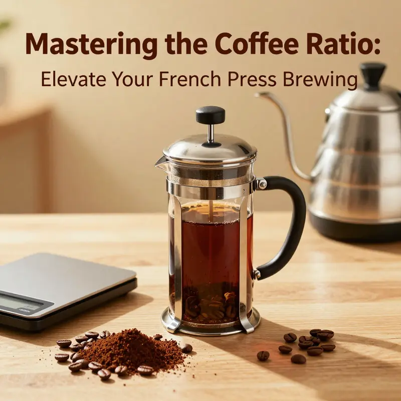 A stylish French press coffee setup with coffee beans, a scale, and a kettle, highlighting the brewing process.