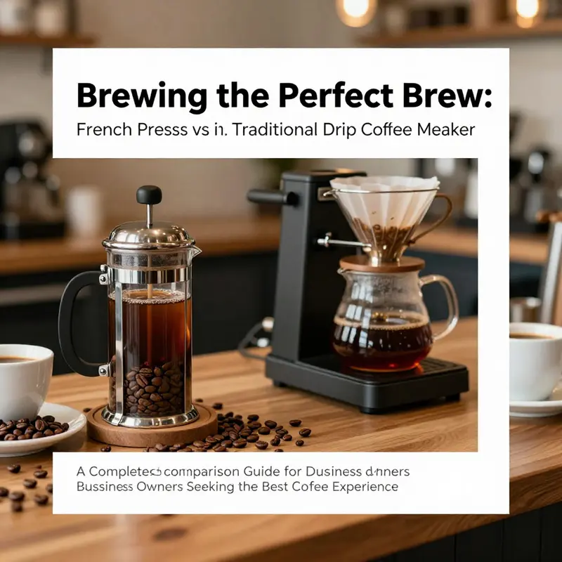 Coffee shop environment featuring French press and drip coffee makers along with cups of coffee.