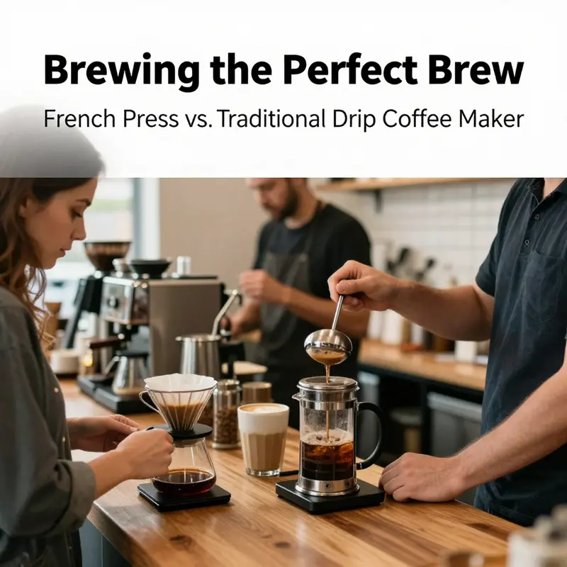 A visual comparison of the brewing processes of a French press and a traditional drip coffee maker.