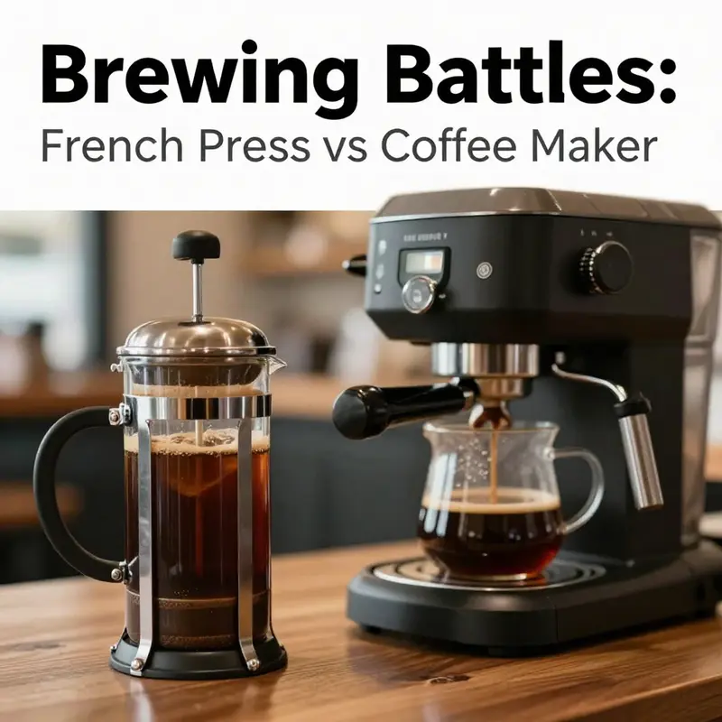 A French press and an automatic coffee maker displayed in a warm café environment.