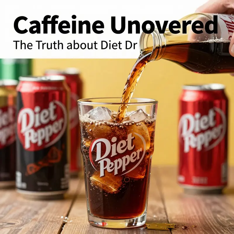 Close-up of Diet Dr Pepper being poured into a glass, surrounded by soda cans and bubbles.