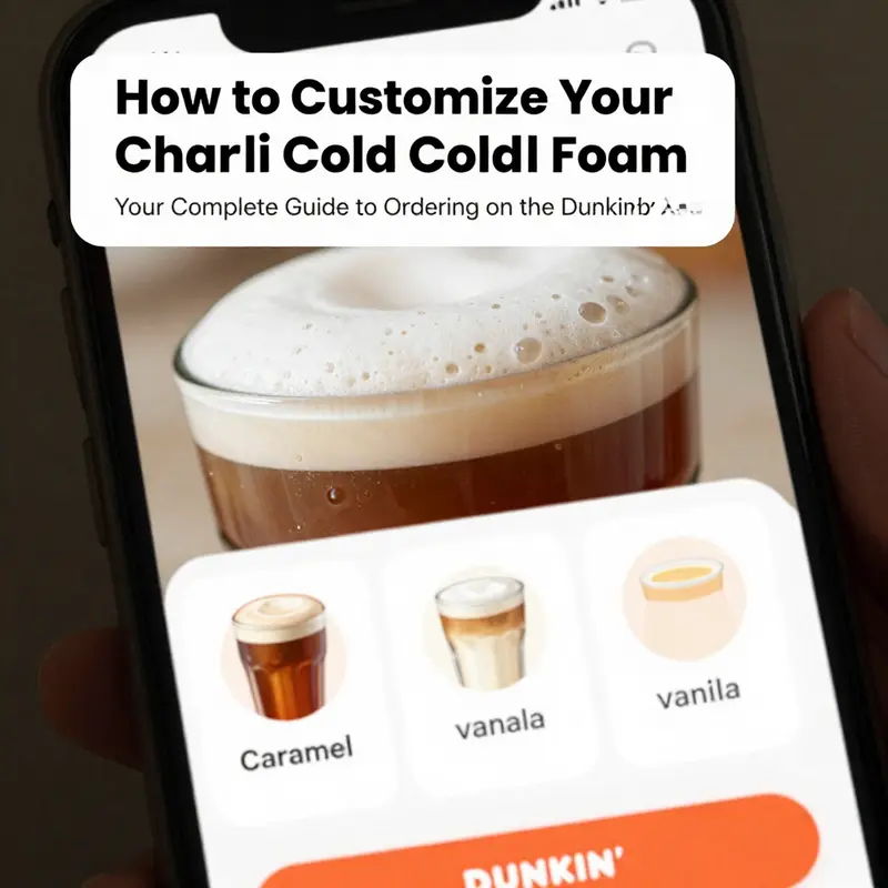 Step-by-step guide showcasing the user interface of the Dunkin’ app for ordering the Charli Cold Foam Cold Brew.