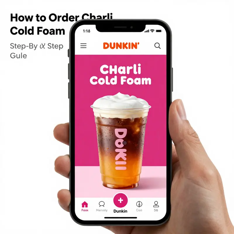Step-by-step guide showcasing the user interface of the Dunkin’ app for ordering the Charli Cold Foam Cold Brew.