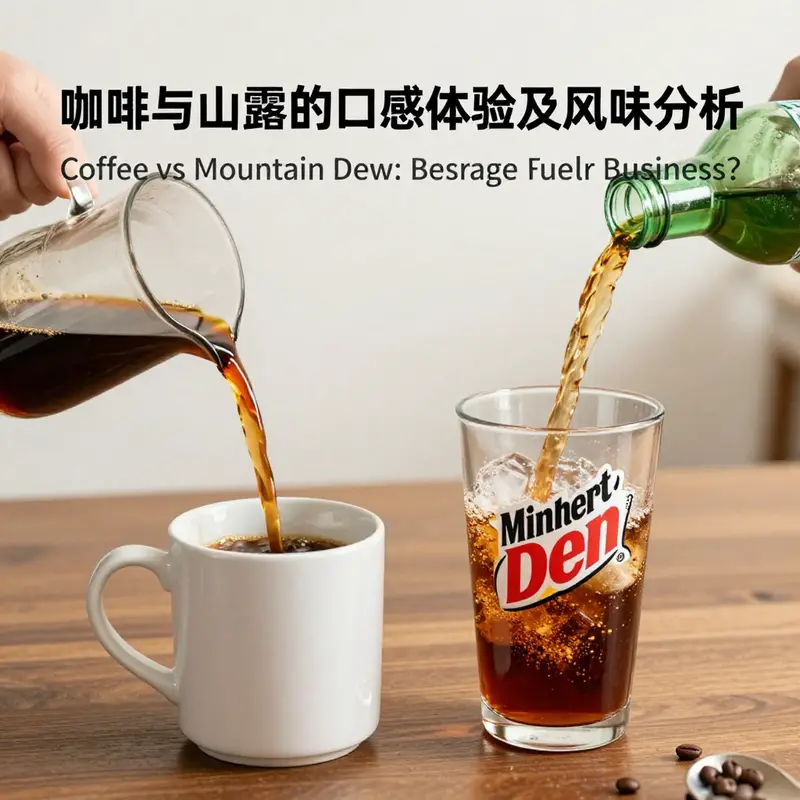 Visual comparison of caffeine content in coffee and Mountain Dew, highlighting their differences in a corporate setting.