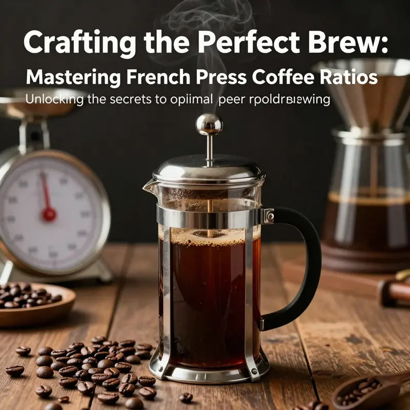 A French press with freshly brewed coffee, coffee beans, and a digital scale, representing the art of coffee brewing.