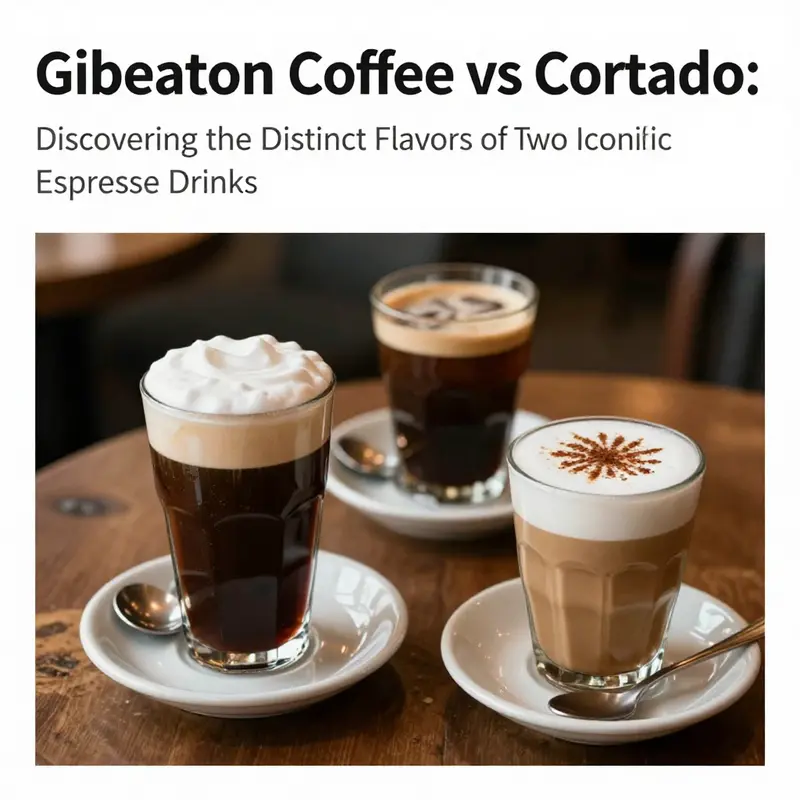 A cozy coffee shop atmosphere with various espresso drinks, highlighting Gibraltar coffee and Cortado among the selection.