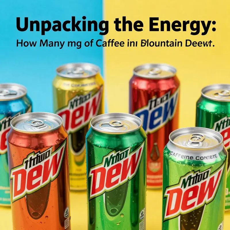 An assortment of Mountain Dew flavors and their caffeine content clearly displayed.
