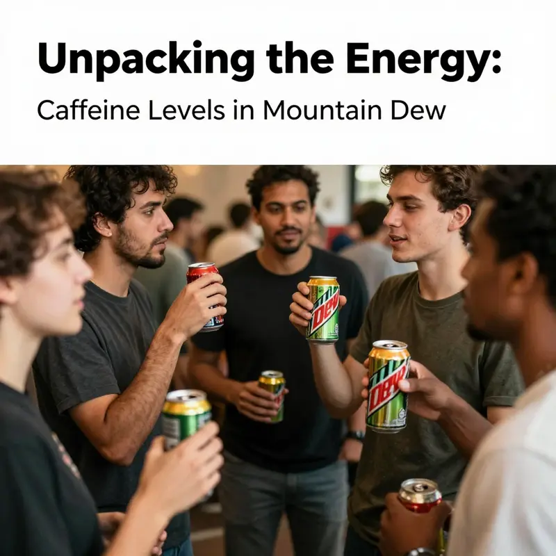 An assortment of Mountain Dew flavors and their caffeine content clearly displayed.