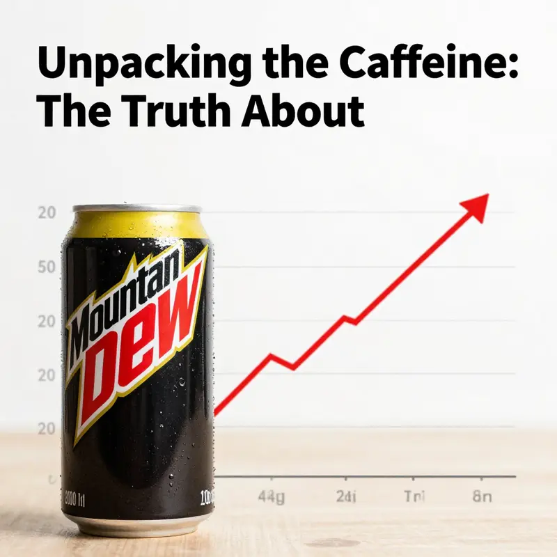 A close-up of Mountain Dew, highlighting its caffeine content on the label.