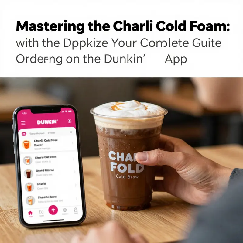 Step-by-step guide showcasing the user interface of the Dunkin’ app for ordering the Charli Cold Foam Cold Brew.