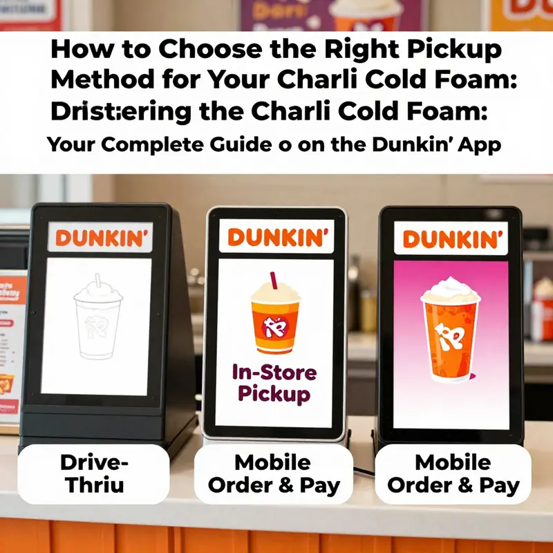 Step-by-step guide showcasing the user interface of the Dunkin’ app for ordering the Charli Cold Foam Cold Brew.