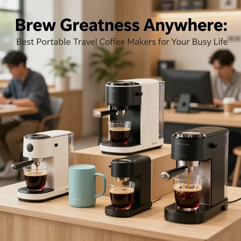 A selection of portable coffee makers arranged in a business-like setting, emphasizing quality and convenience.