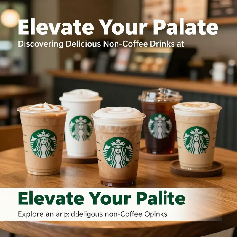 An inviting coffee shop display showcasing a variety of Starbucks non-coffee drinks, with warm lighting and cozy decor.