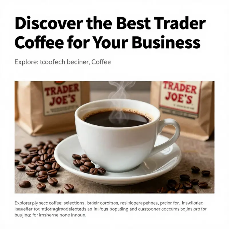 A fresh cup of coffee with coffee beans and Trader Joe's branding in the background.