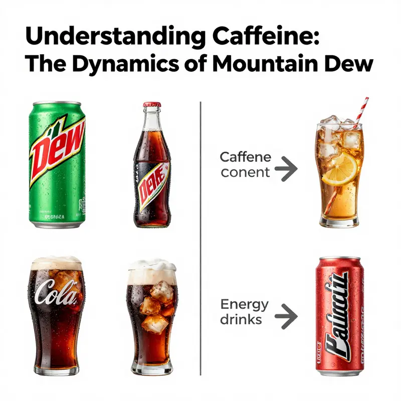 Nutritional infographic detailing caffeine content in a can of Mountain Dew.