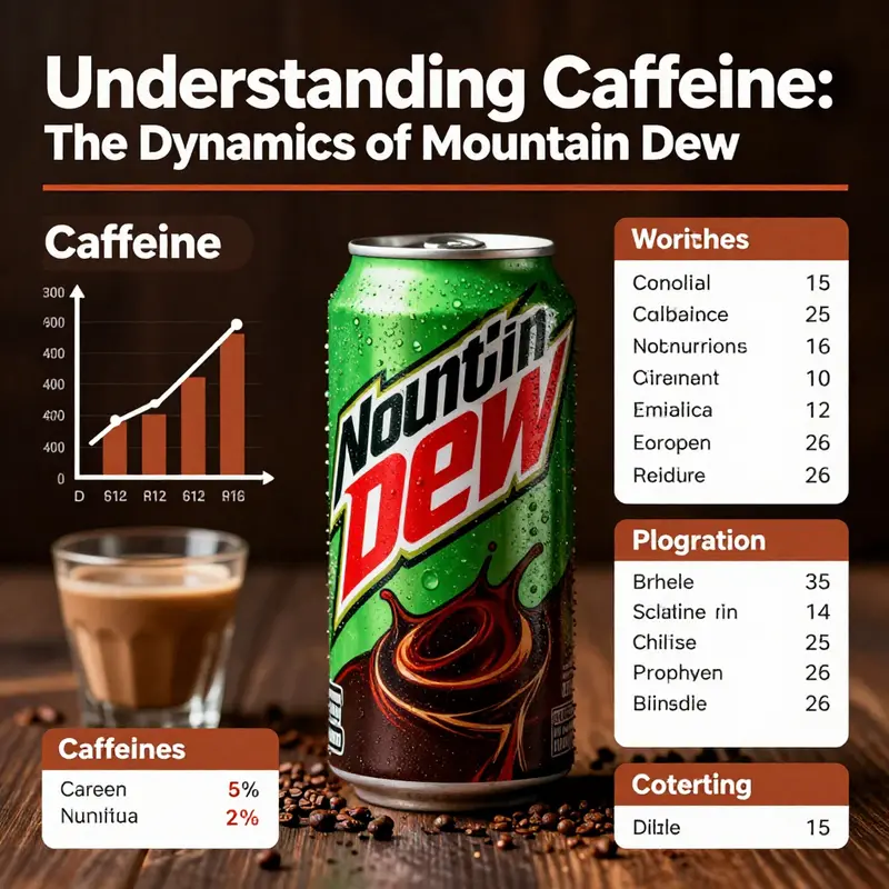Nutritional infographic detailing caffeine content in a can of Mountain Dew.
