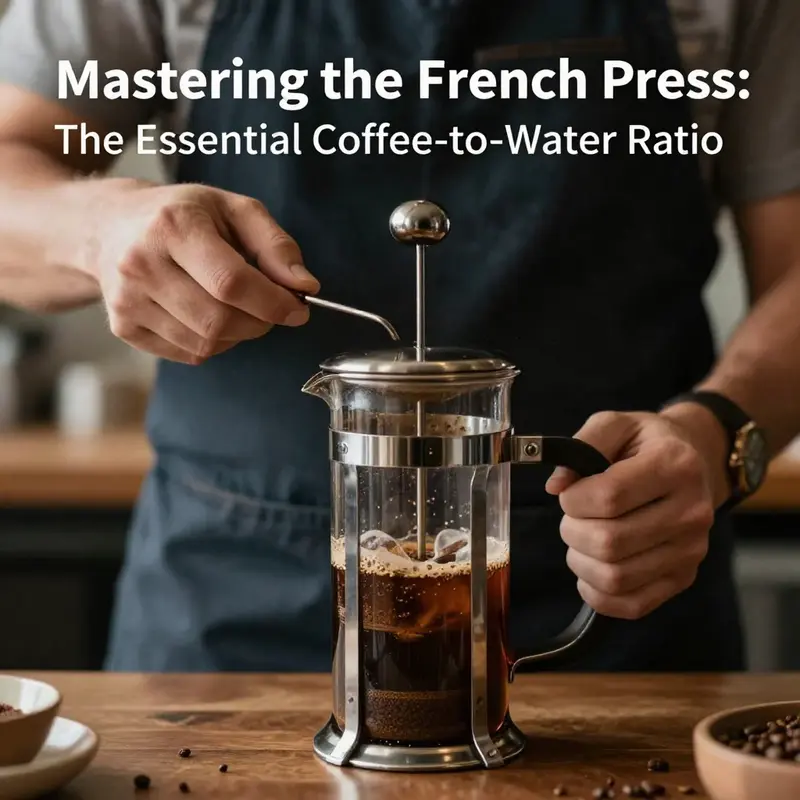 An infographic illustrating the standard coffee-to-water ratios for French press brewing.