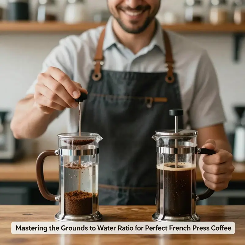 A French press setup showcasing the precision needed for the ideal grounds to water ratio.