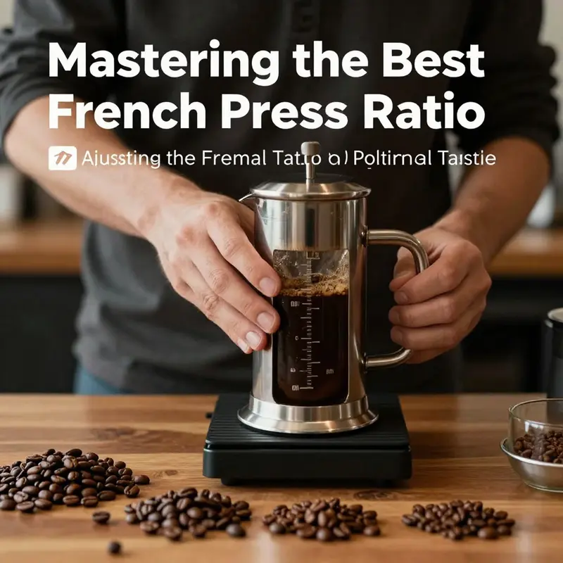 An infographic displaying optimal French press coffee ratios for brewing.