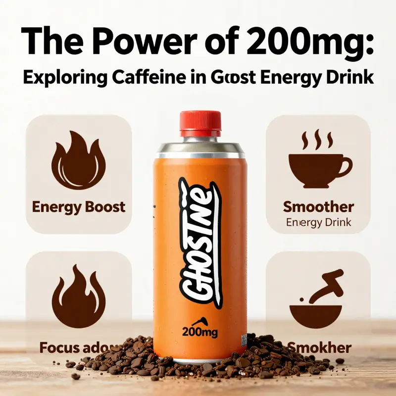 Detailed nutritional breakdown highlighting the 200mg caffeine content of GHOST Energy Drink.