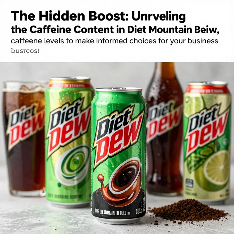 An array of beverages emphasizing their caffeine levels, highlighting Diet Mountain Dew amid other choices.