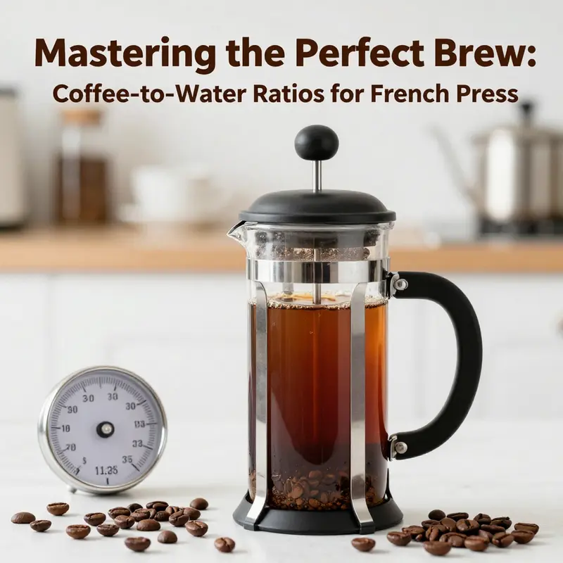 Standard French press ratio of coffee to water, demonstrating the harmony of coffee and water in brewing.