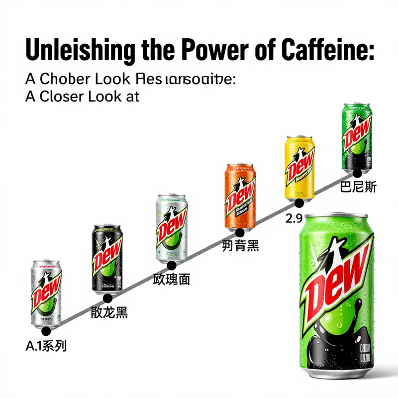 An array of Mountain Dew products highlighting their varying caffeine contents.
