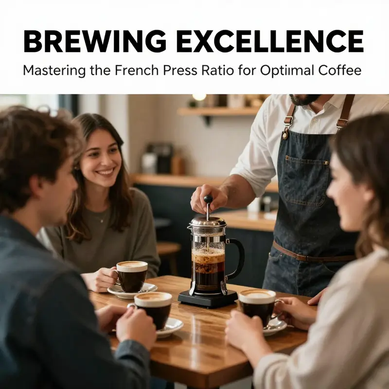 A cozy café atmosphere with a barista serving freshly brewed French press coffee to delighted customers.