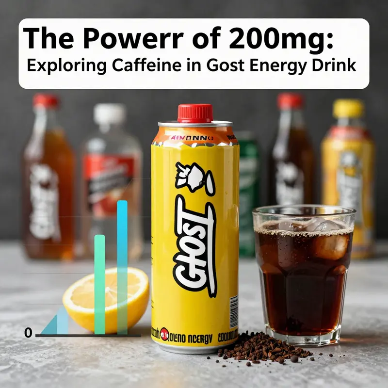 Detailed nutritional breakdown highlighting the 200mg caffeine content of GHOST Energy Drink.