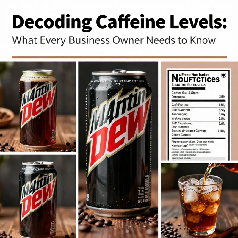 An engaging collage depicting various Mountain Dew cans and caffeine-related graphics to illustrate the topic of consumption.