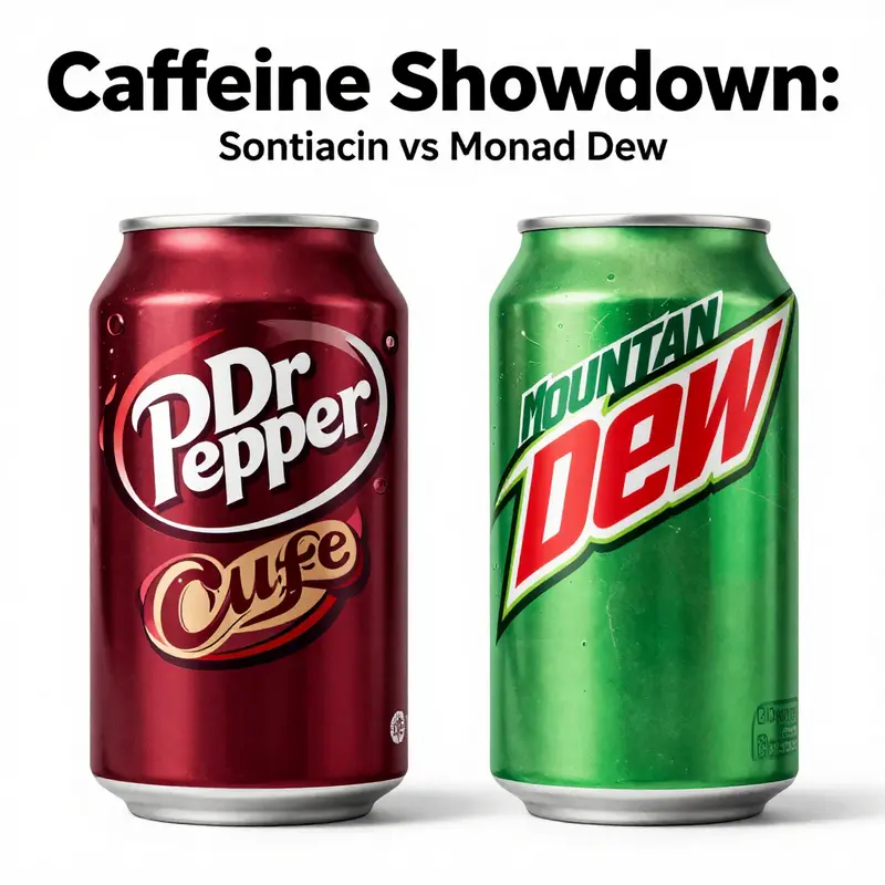 A visual comparison of Dr Pepper and Mountain Dew, showcasing their caffeine content per serving.