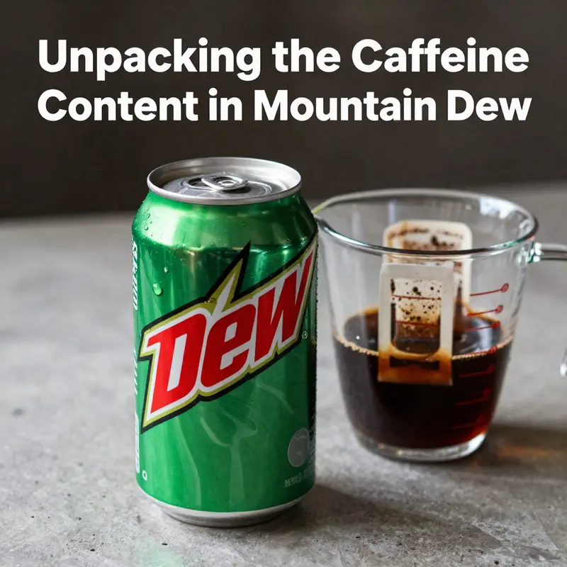 A measuring cup displaying the caffeine content of Mountain Dew.