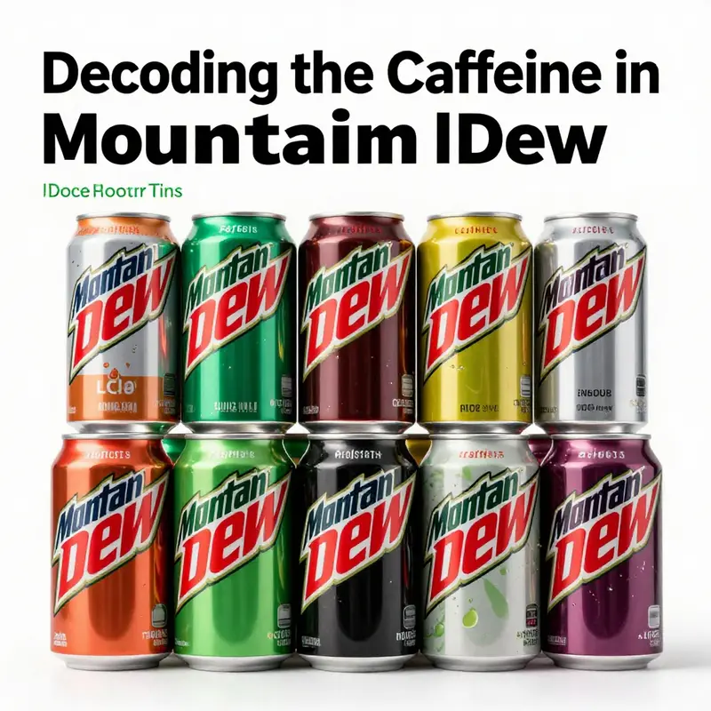 Various Mountain Dew variants emphasizing their consistent caffeine content.