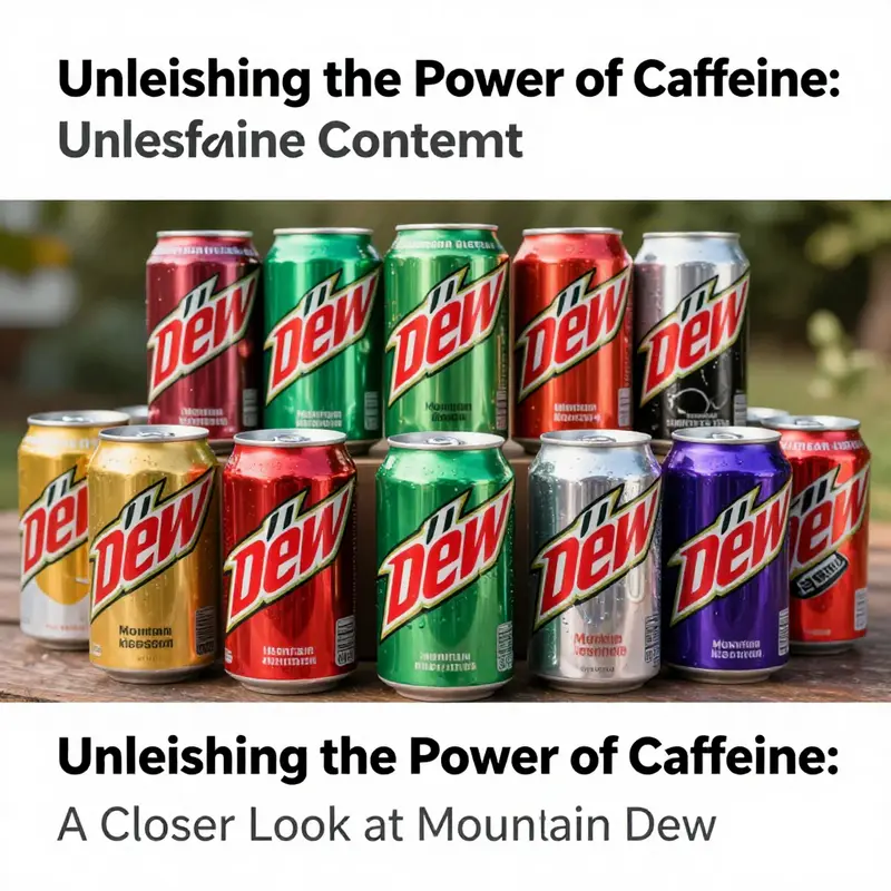 An array of Mountain Dew products highlighting their varying caffeine contents.
