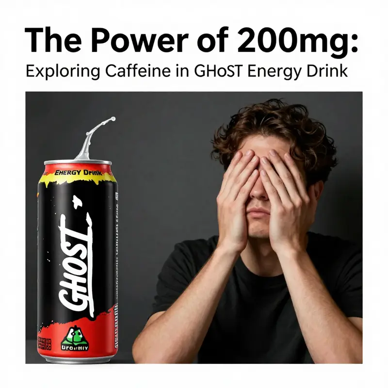 Detailed nutritional breakdown highlighting the 200mg caffeine content of GHOST Energy Drink.