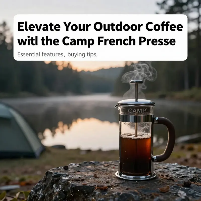 A tranquil dawn at a campsite with a Camp French Press and steaming coffee, capturing the essence of outdoor brewing.