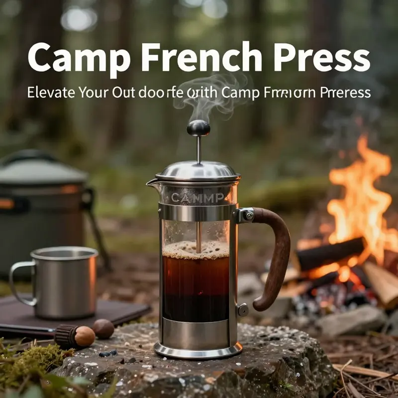 A titanium Camp French Press showcasing its elegant design amid a scenic outdoor backdrop.