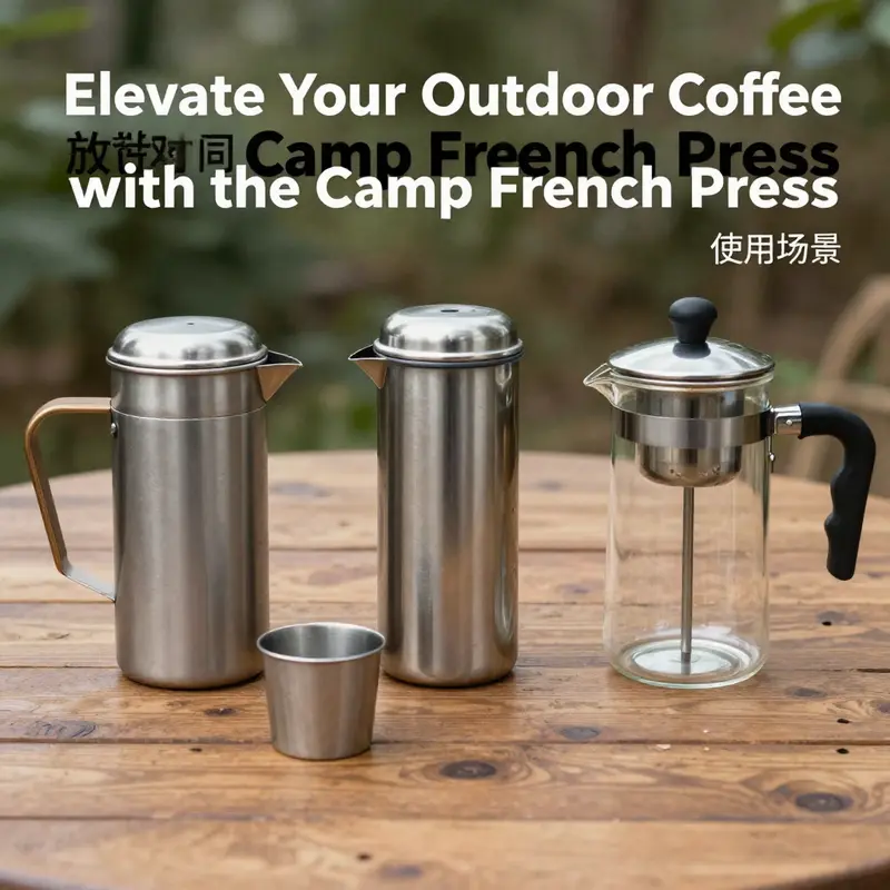 A titanium Camp French Press showcasing its elegant design amid a scenic outdoor backdrop.