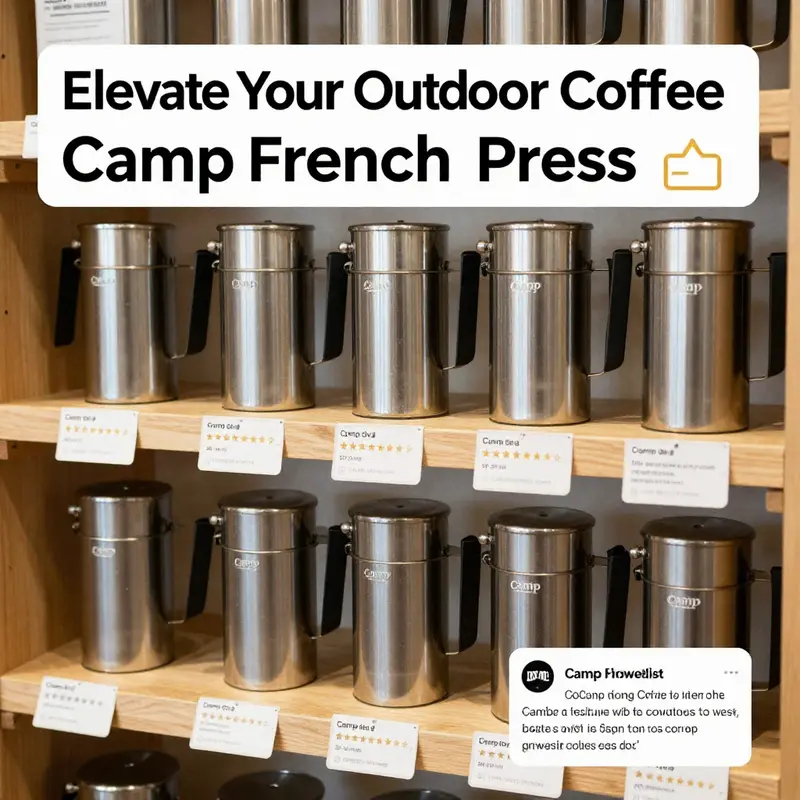 A titanium Camp French Press showcasing its elegant design amid a scenic outdoor backdrop.